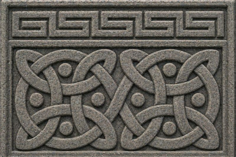 ancient-style stone carving with Celtic knot pattern, reflecting heritage carried into modern identity