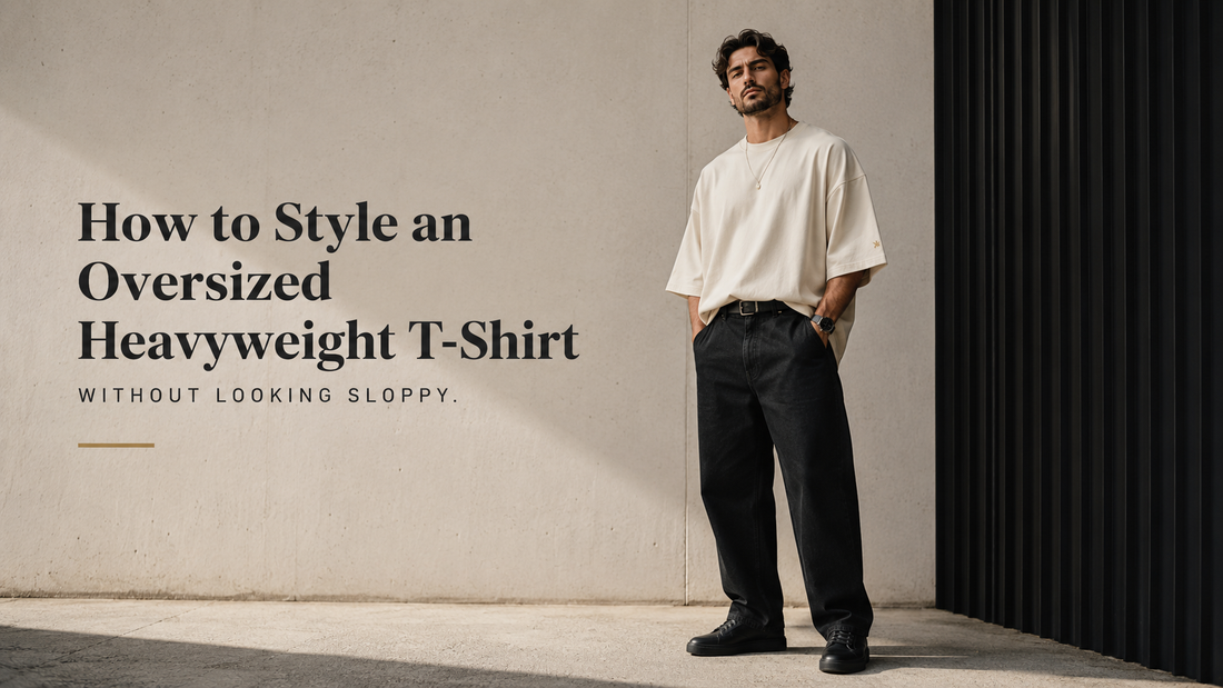 Male model wearing an oversized ivory heavyweight t-shirt, dark relaxed trousers, belt, and black shoes, standing against a minimalist concrete wall beside text reading “How to Style an Oversized Heavyweight T-Shirt Without Looking Sloppy.”