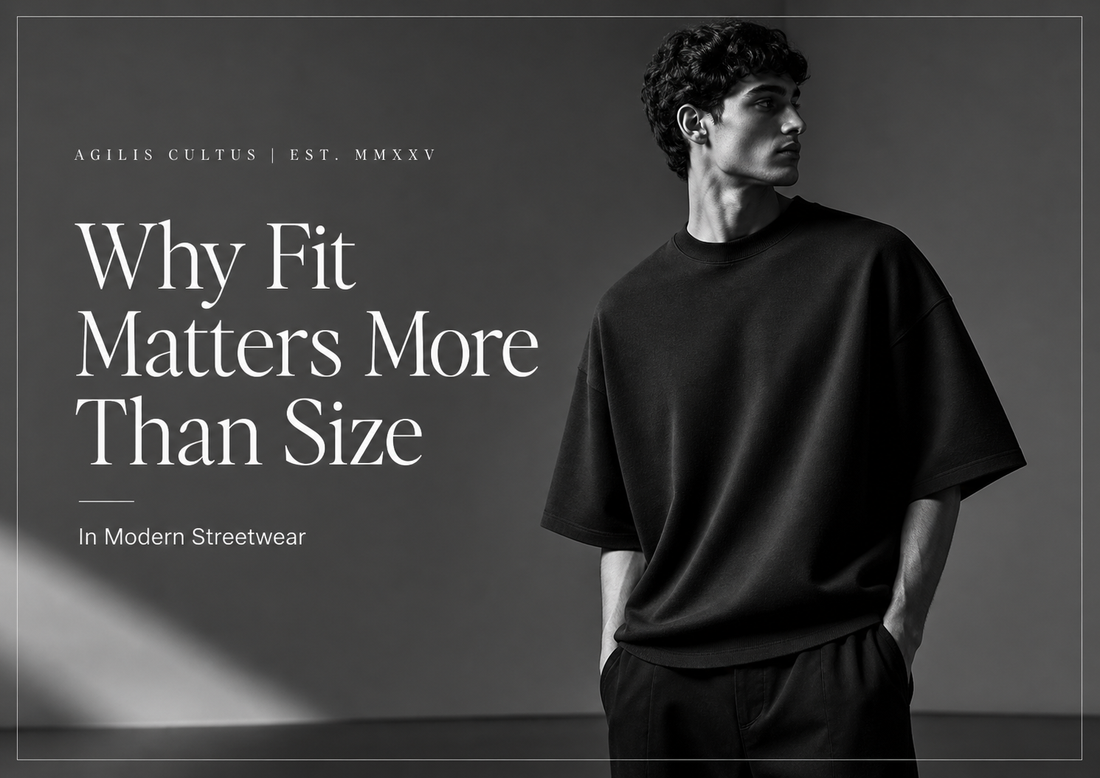 Black-and-white editorial image of a model wearing an oversized heavyweight streetwear tee beside the title Why Fit Matters More Than Size in Modern Streetwear by Agilis Cultus.