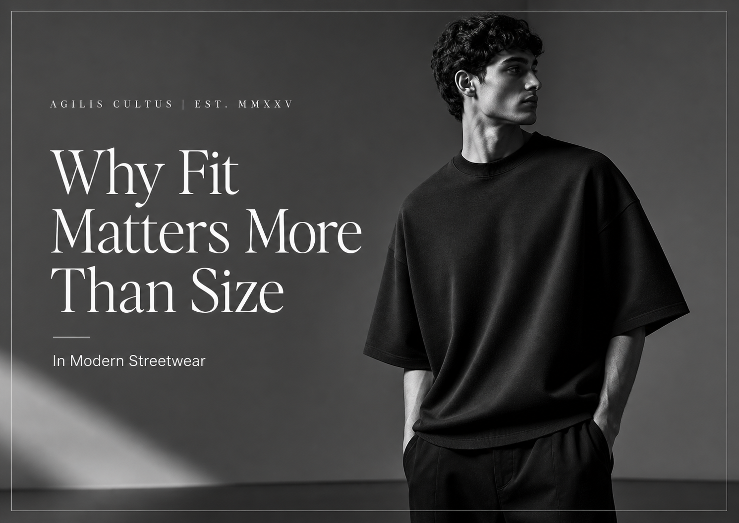 Black-and-white editorial image of a model wearing an oversized heavyweight streetwear tee beside the title Why Fit Matters More Than Size in Modern Streetwear by Agilis Cultus.