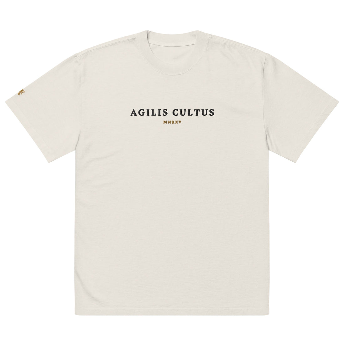 AC Agilis Cultus oversized heavyweight t-shirt in cream with black “Agilis Cultus” chest print and gold MMXXV detail, front view, boxy fit with dropped shoulders and wide ribbed collar, premium garment-dyed cotton streetwear tee