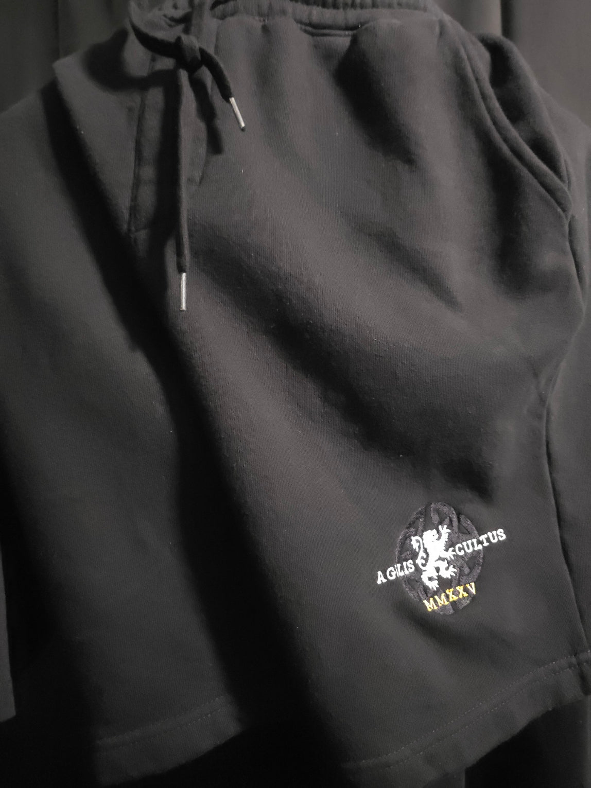 Black shorts with a logo above the hem against a dark background