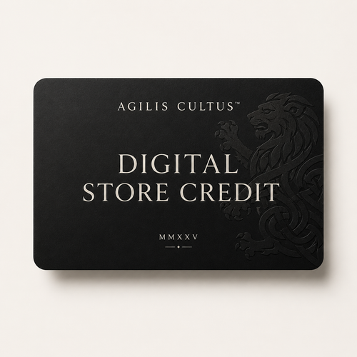Black Agilis Cultus digital store credit card graphic with ivory typography, MMXXV detail, and subtle embossed lion artwork.