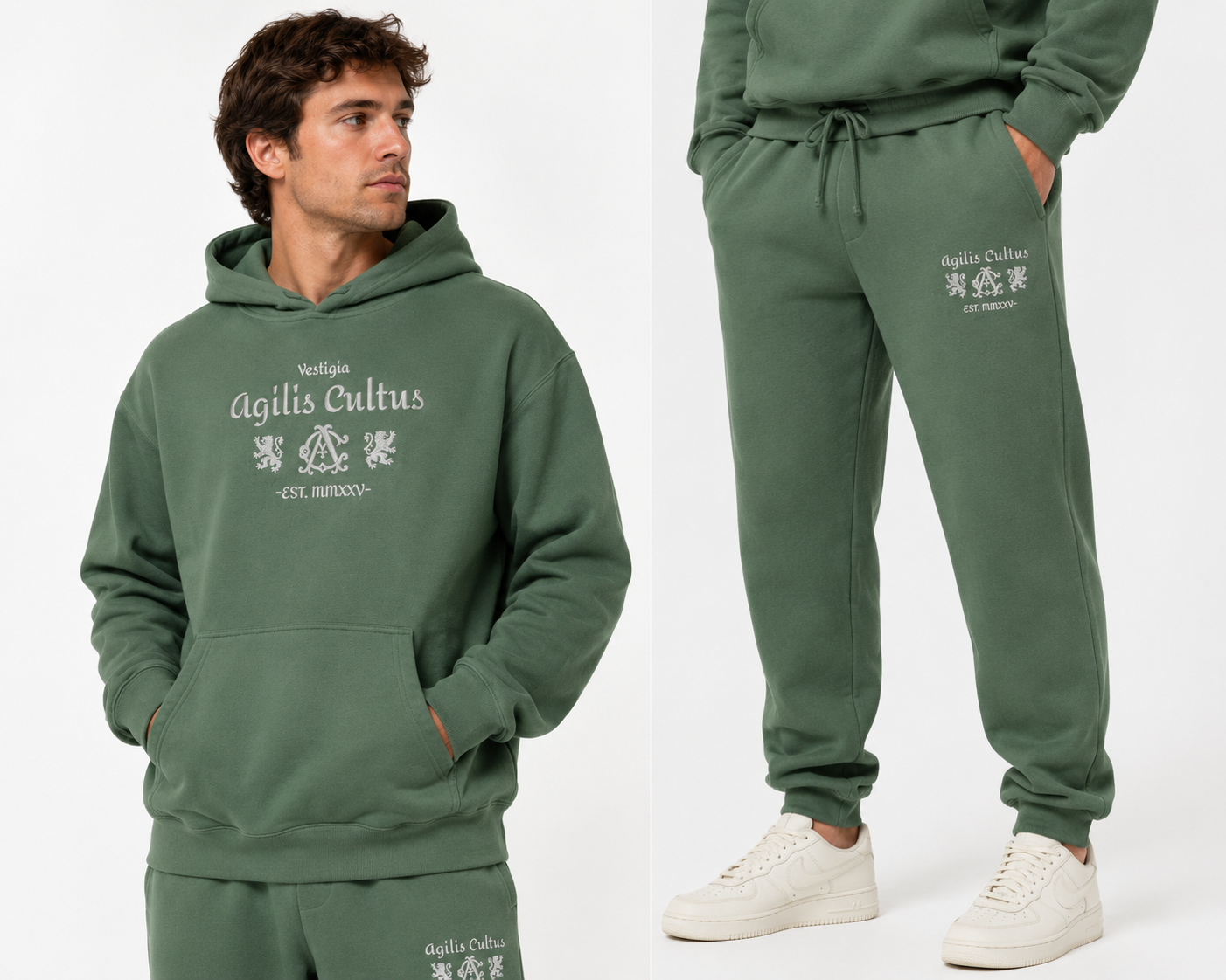 Male model wearing a green Agilis Cultus Vestigia hoodie and matching sweatpants set with front logo artwork on a clean white studio background.