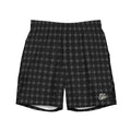 black and gray swim trunks front view flat white background.
