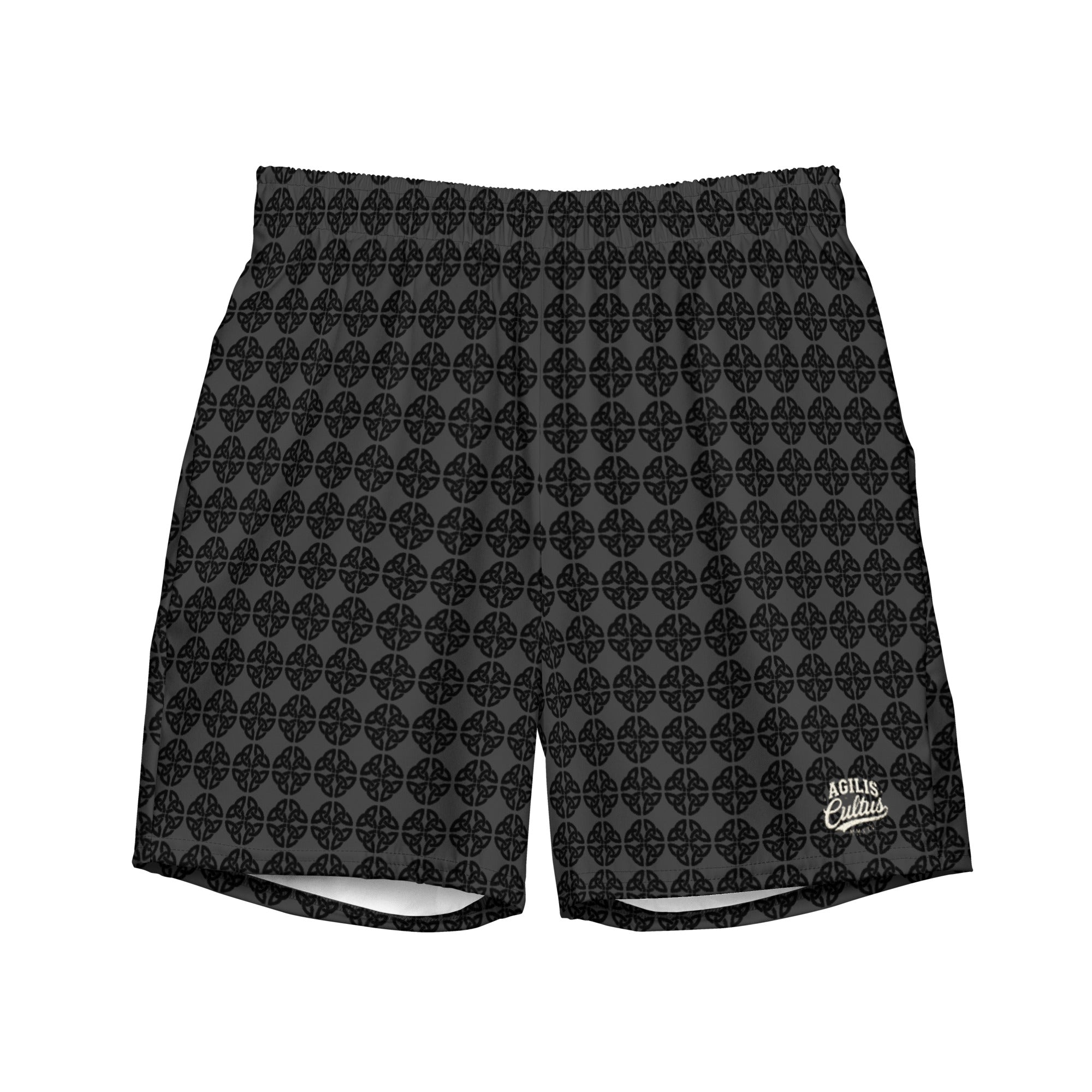 black and gray swim trunks front view flat white background.