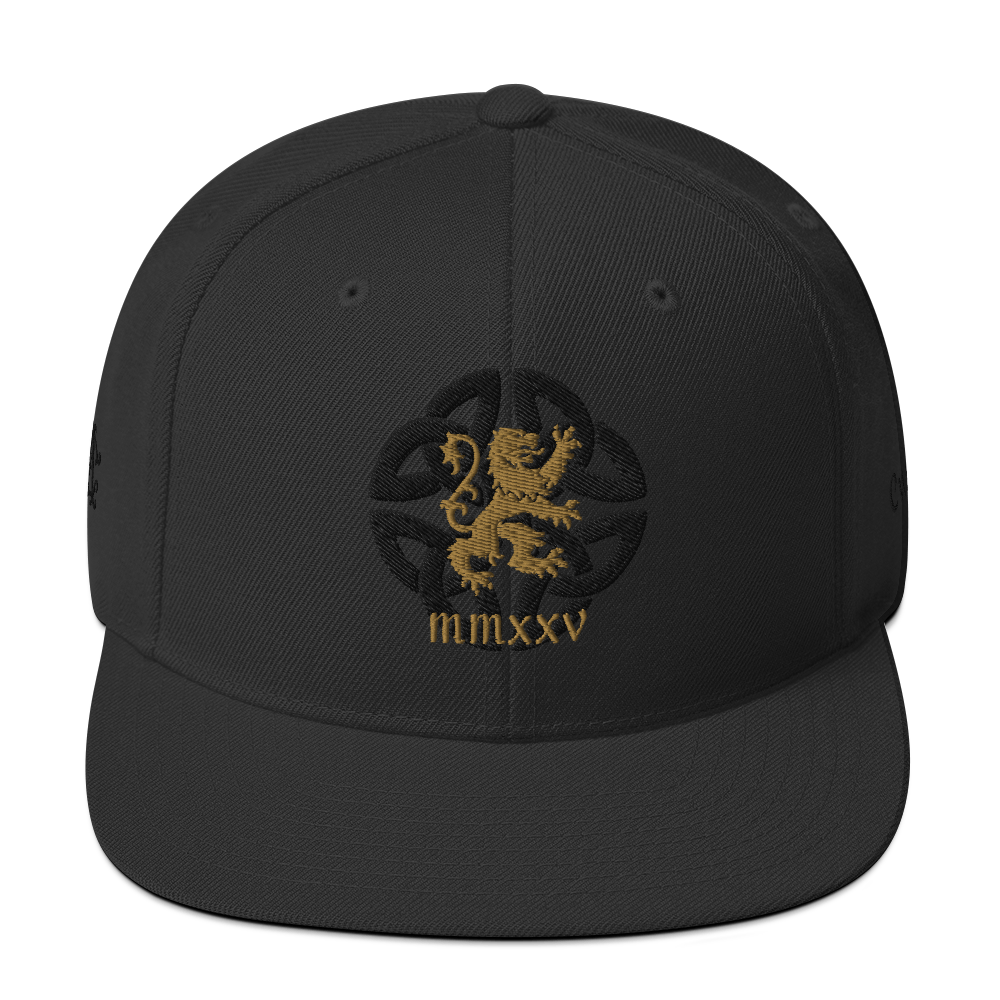 A black flat-brim baseball cap featuring an embroidered gold lion rampant inside a circular design with the Roman numerals 'MMXXV' underneath, set against a plain white background.