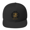 A black flat-brim baseball cap featuring an embroidered gold lion rampant inside a circular design with the Roman numerals 'MMXXV' underneath, set against a plain white background.