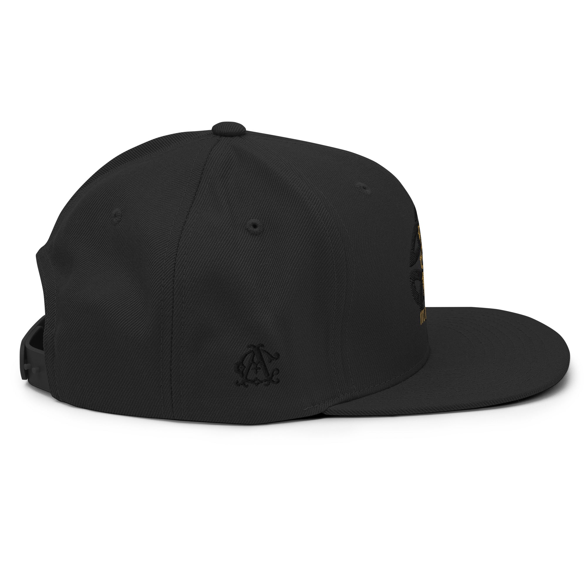 Black and gold cap with a logo on a white background right side view