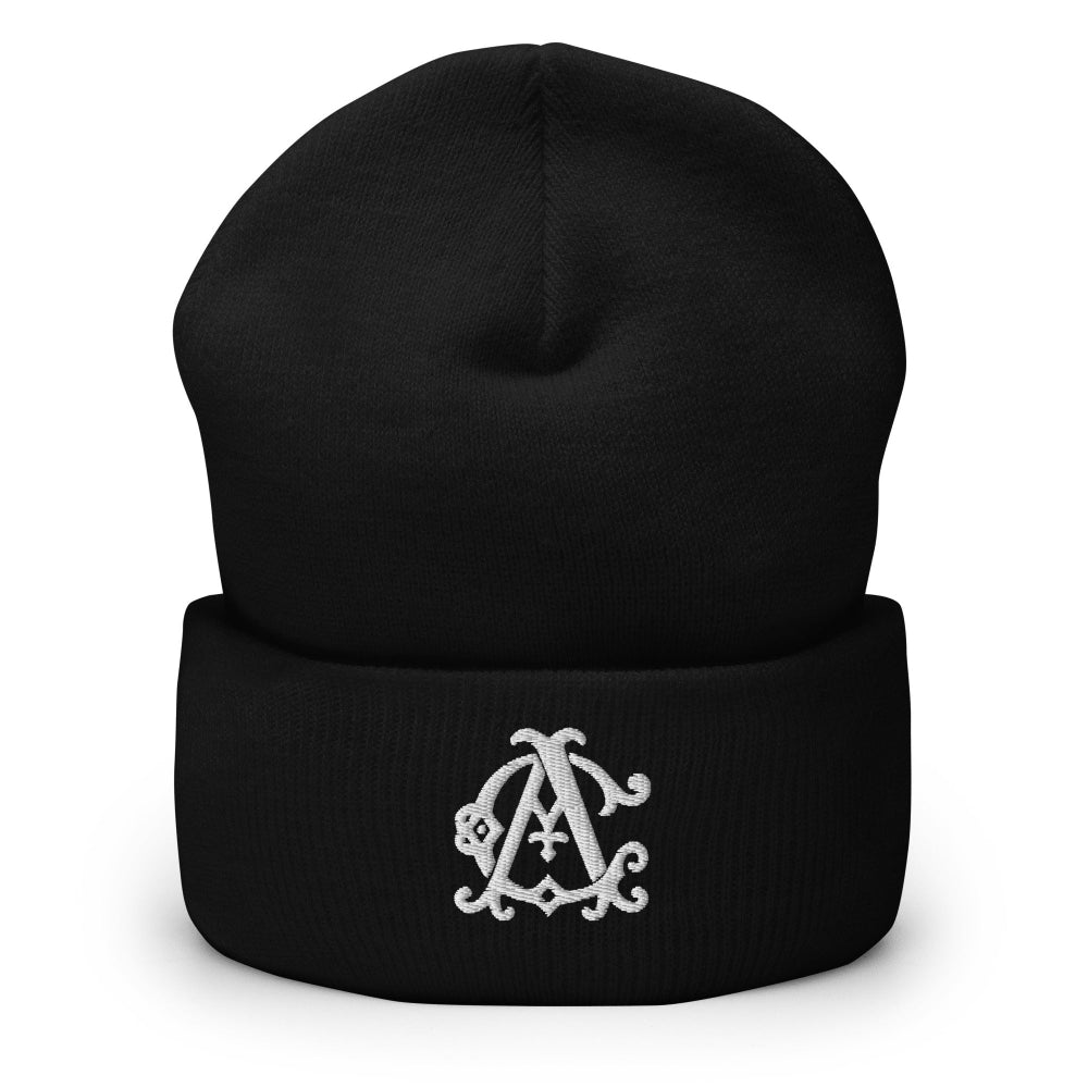 AC Agilis Cultus cuffed beanie in black, front view, snug fit with folded cuff, soft knit fabric, minimalist black and white aesthetic
