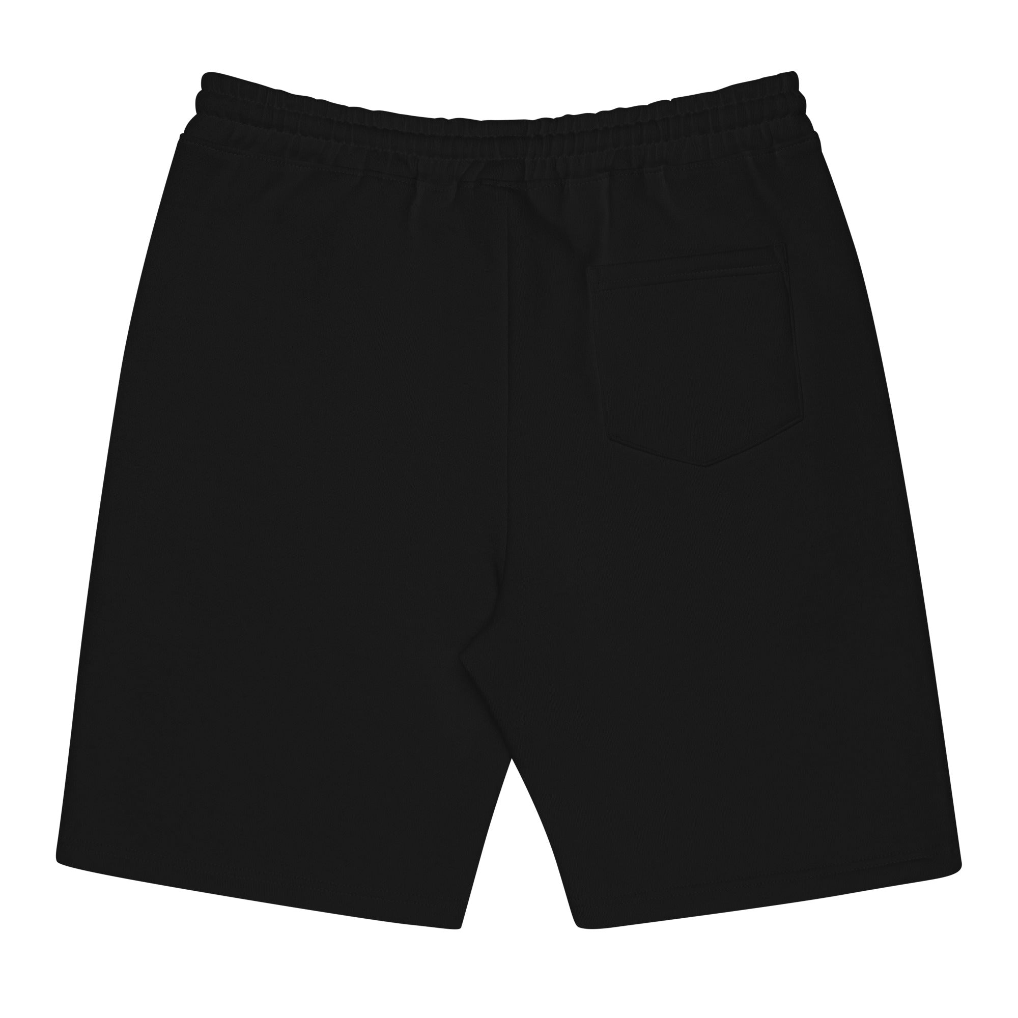 Black Agilis Cultus men’s heavy fleece shorts back view showing relaxed fit, rear pocket, elastic waistband, and premium fleece streetwear construction