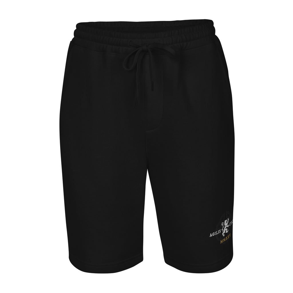 Black Agilis Cultus men’s heavy fleece shorts front view showing relaxed fit, elastic drawcord waistband, sewn fly detail, and premium casual streetwear design