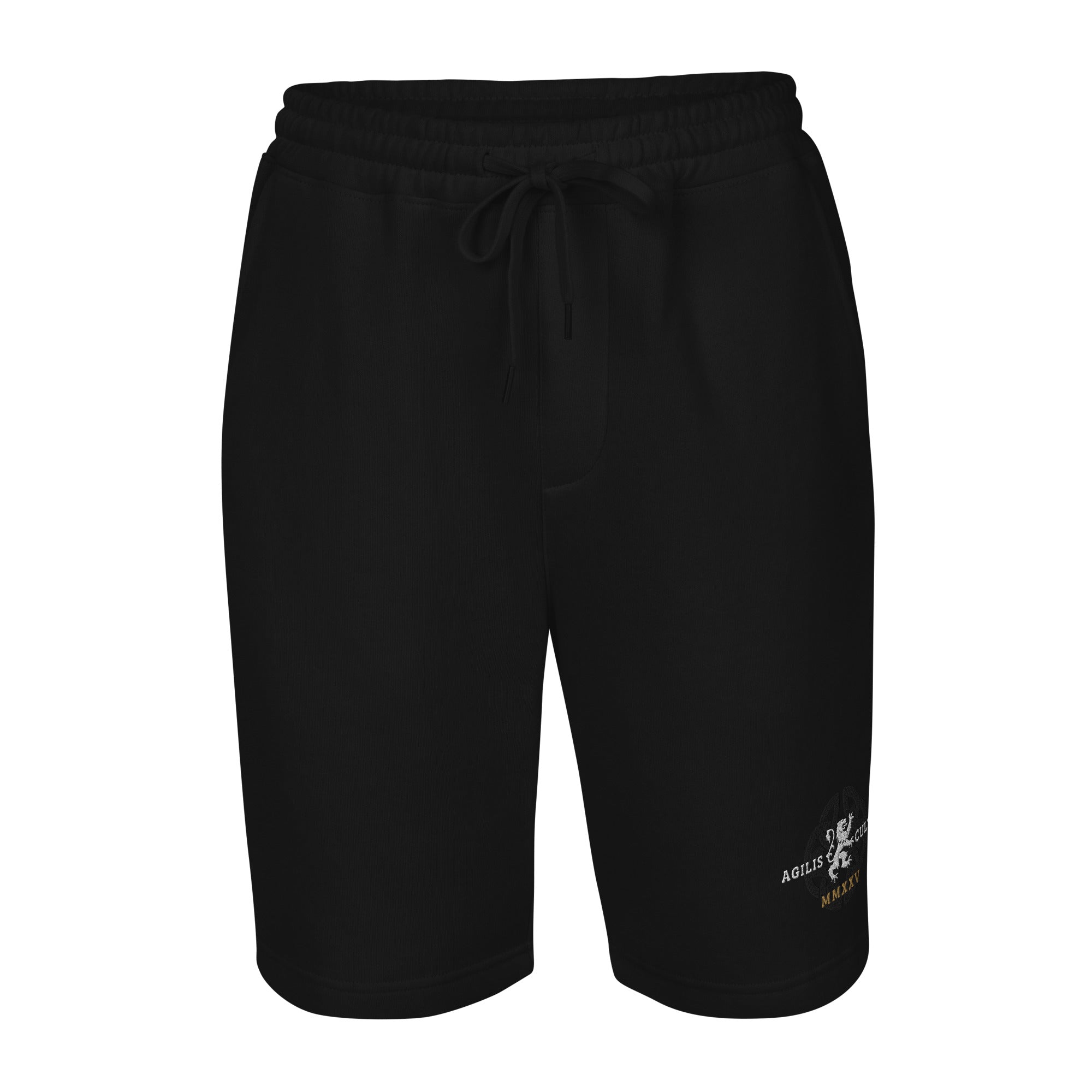 Black Agilis Cultus men’s heavy fleece shorts front view showing relaxed fit, elastic drawcord waistband, sewn fly detail, and premium casual streetwear design