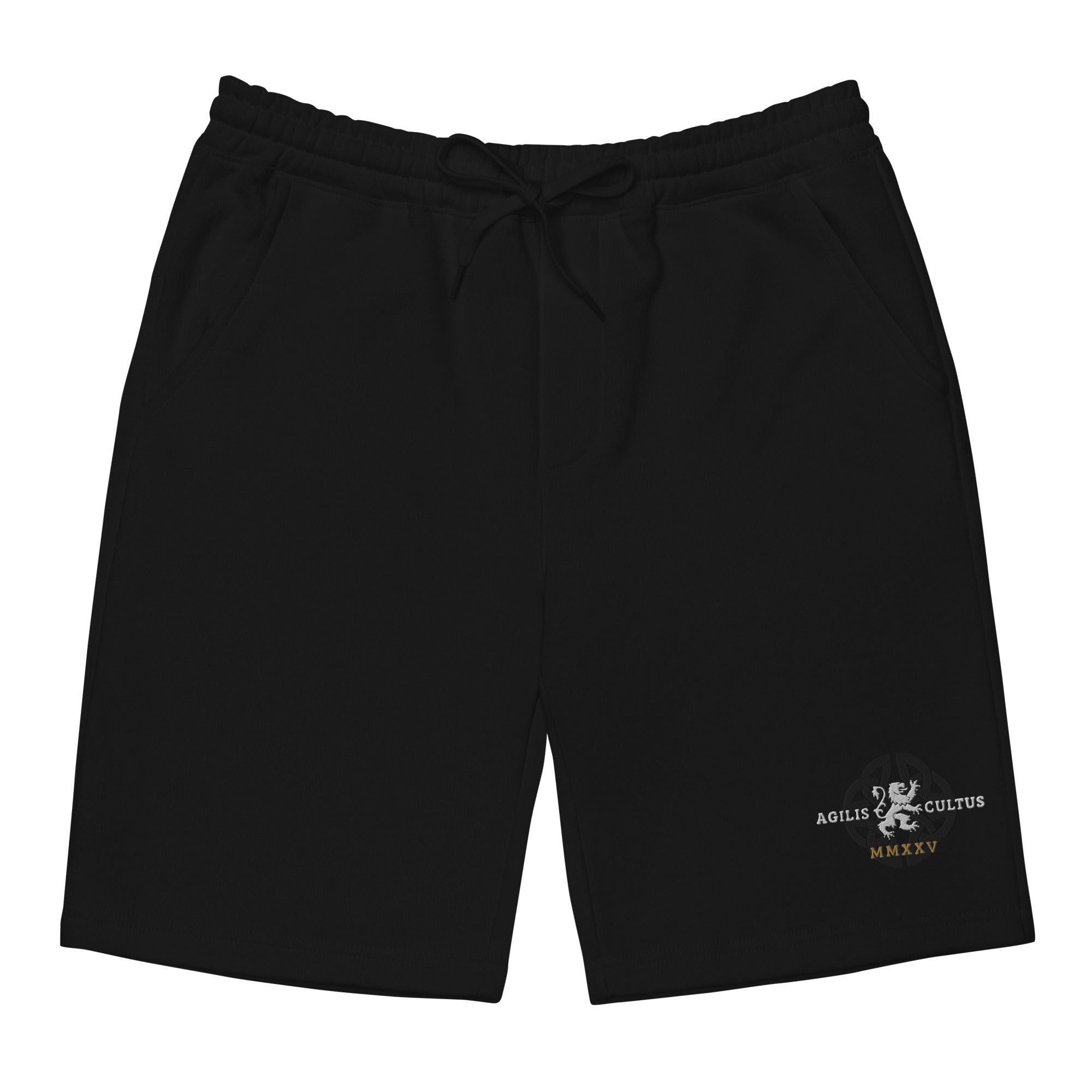 Black Agilis Cultus men’s heavy fleece shorts front view with relaxed fit, drawcord waistband, side pockets, and premium streetwear styling