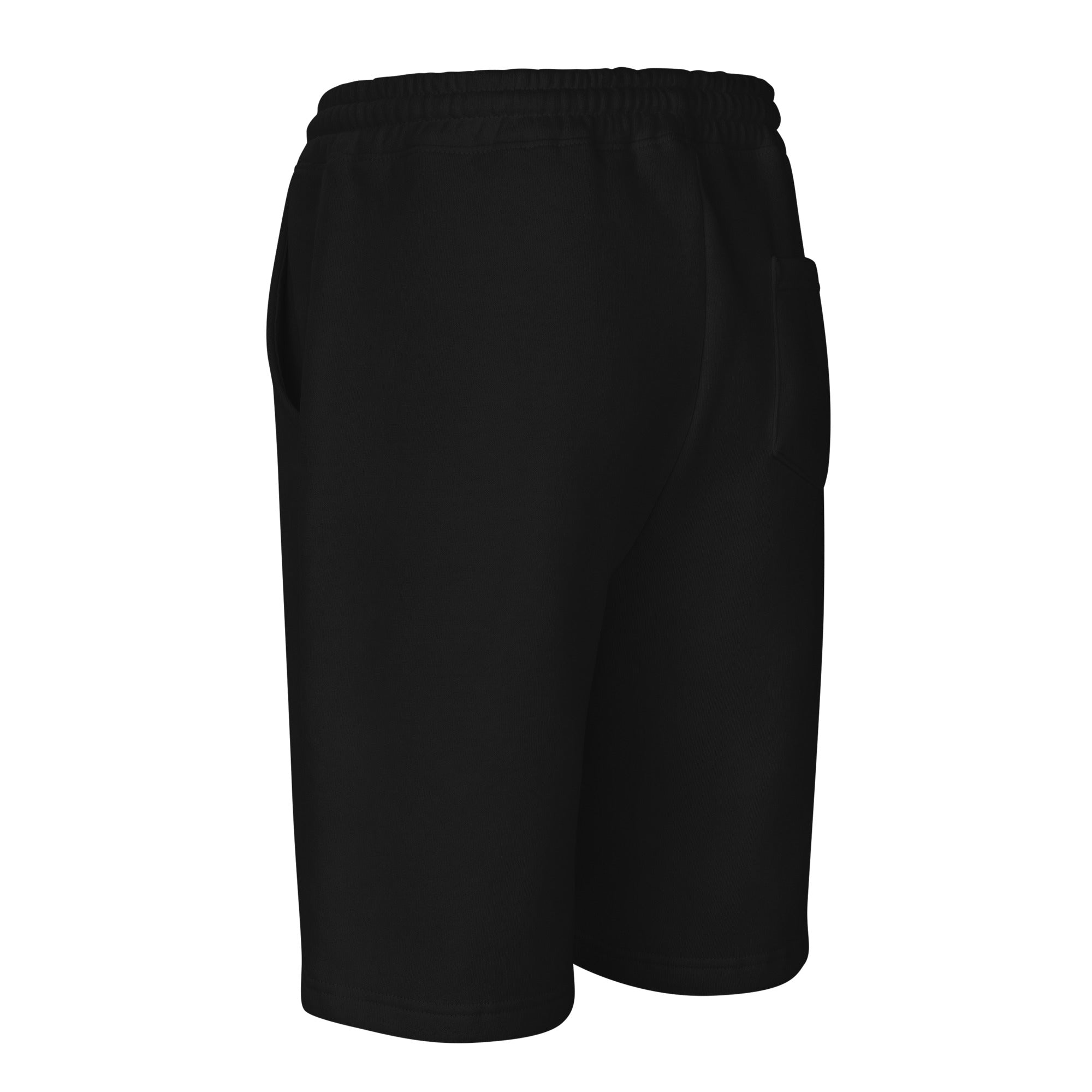 Black Agilis Cultus men’s heavy fleece shorts left back view showing relaxed fit, back pocket, elastic waistband, and premium casual streetwear design
