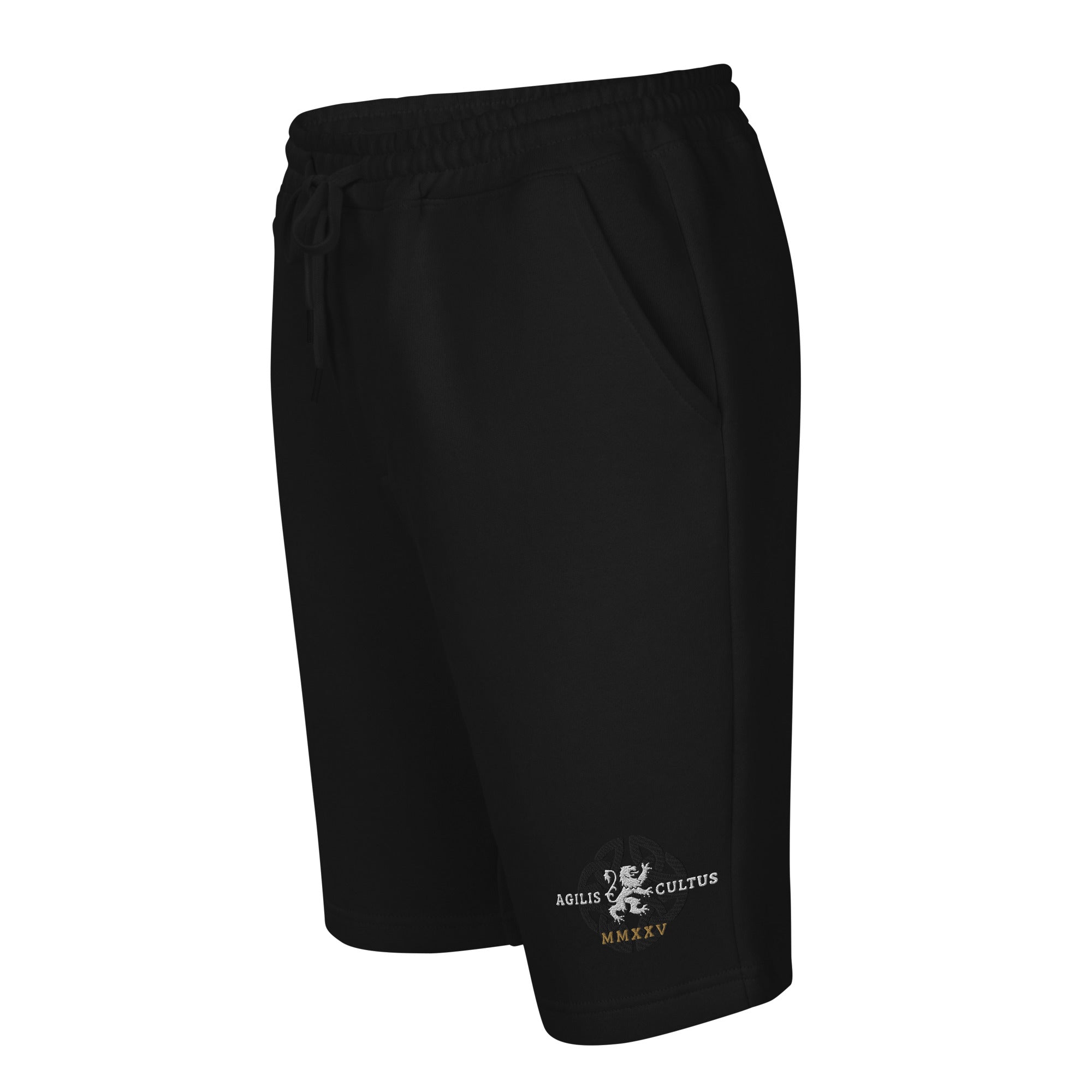 Black Agilis Cultus men’s heavy fleece shorts left front view showing relaxed fit, drawcord waistband, side pocket, and premium fleece streetwear design