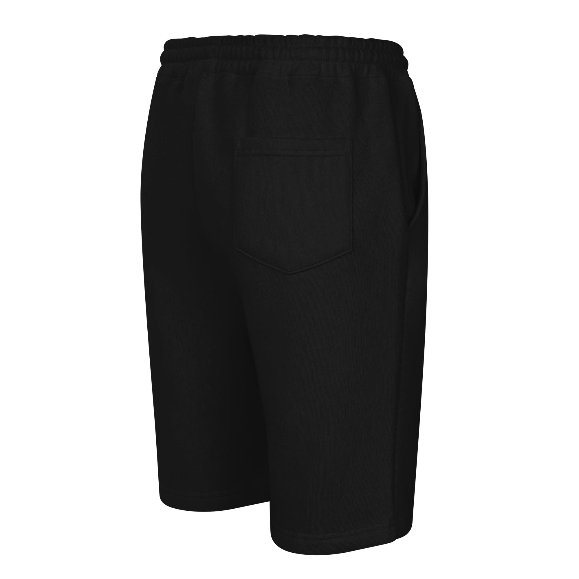 Black Agilis Cultus men’s heavy fleece shorts right back view showing relaxed fit, back pocket, elastic waistband, and premium fleece streetwear construction