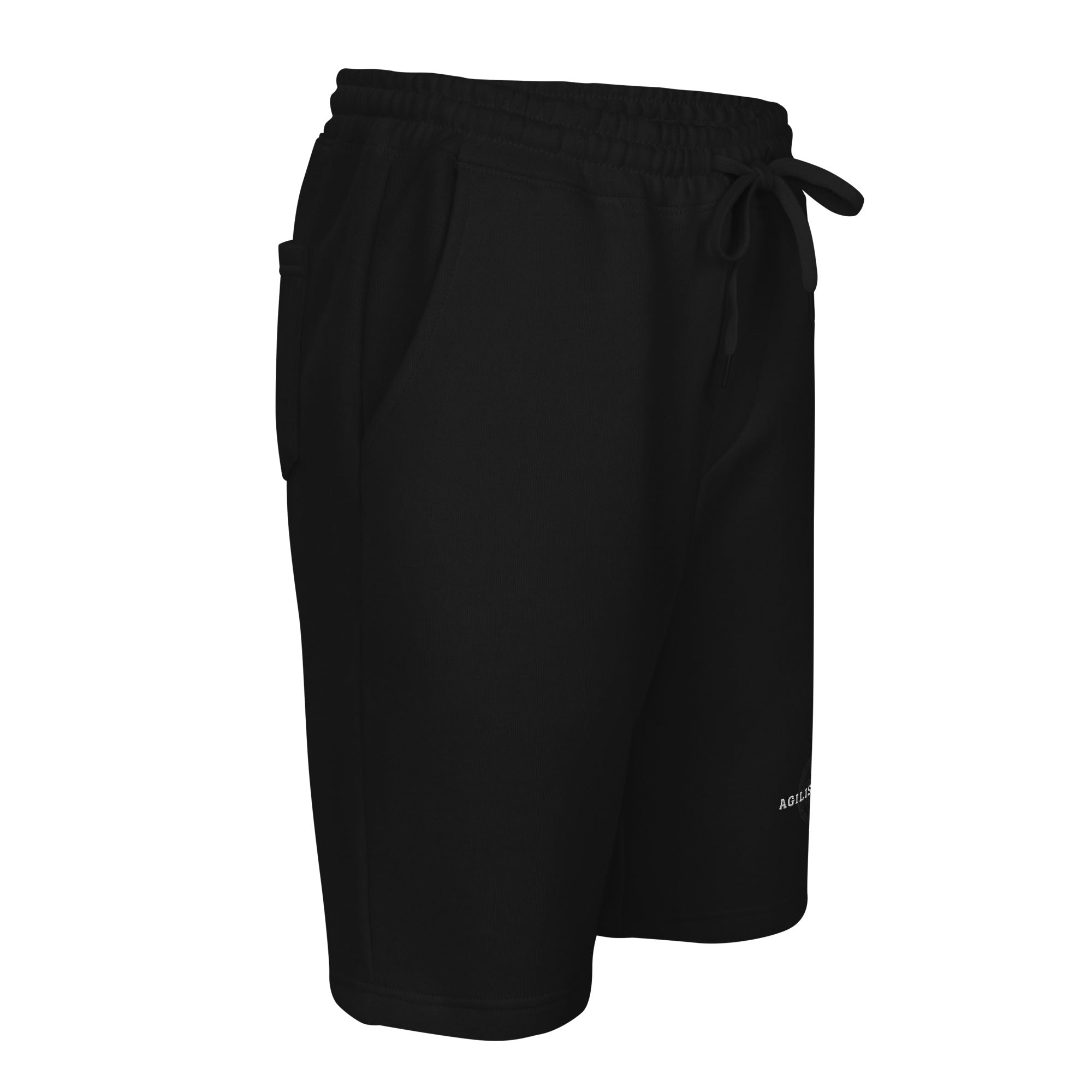 Black Agilis Cultus men’s heavy fleece shorts right front view showing relaxed fit, drawcord waistband, jersey-lined side pocket, and premium casual streetwear design