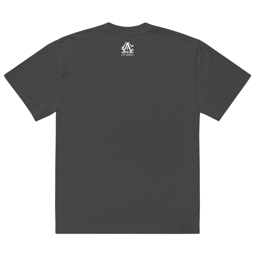 AC Agilis Cultus oversized faded t-shirt in faded black, back view, boxy fit with dropped shoulders, garment-dyed cotton fabric, minimalist black and white aesthetic