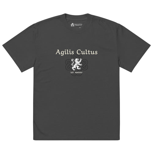 AC Agilis Cultus oversized faded t-shirt in faded black, front view, boxy fit with dropped shoulders, garment-dyed cotton fabric, minimalist black and white aesthetic
