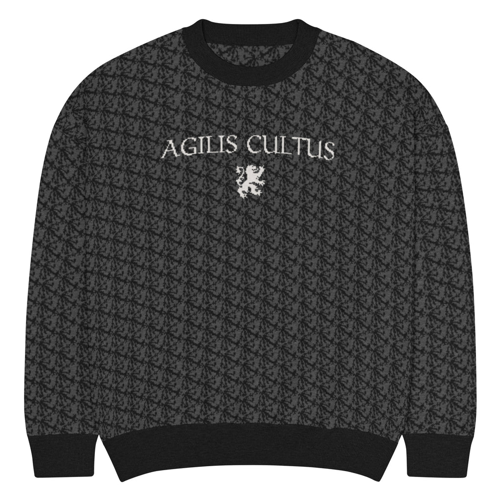 AC Agilis Cultus relaxed fit knitted crew neck sweater in custom color, front view, relaxed silhouette, ribbed neckline and cuffs, soft knit fabric, minimalist black and white aesthetic
