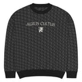 AC Agilis Cultus relaxed fit knitted crew neck sweater in custom color, front view, relaxed silhouette, ribbed neckline and cuffs, soft knit fabric, minimalist black and white aesthetic