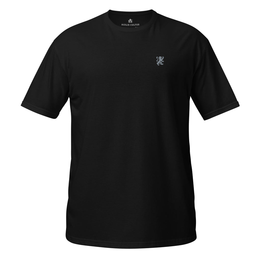 AC Essential Tee in black — front view, soft unisex fit with embroidered lion crest, by Agilis Cultus