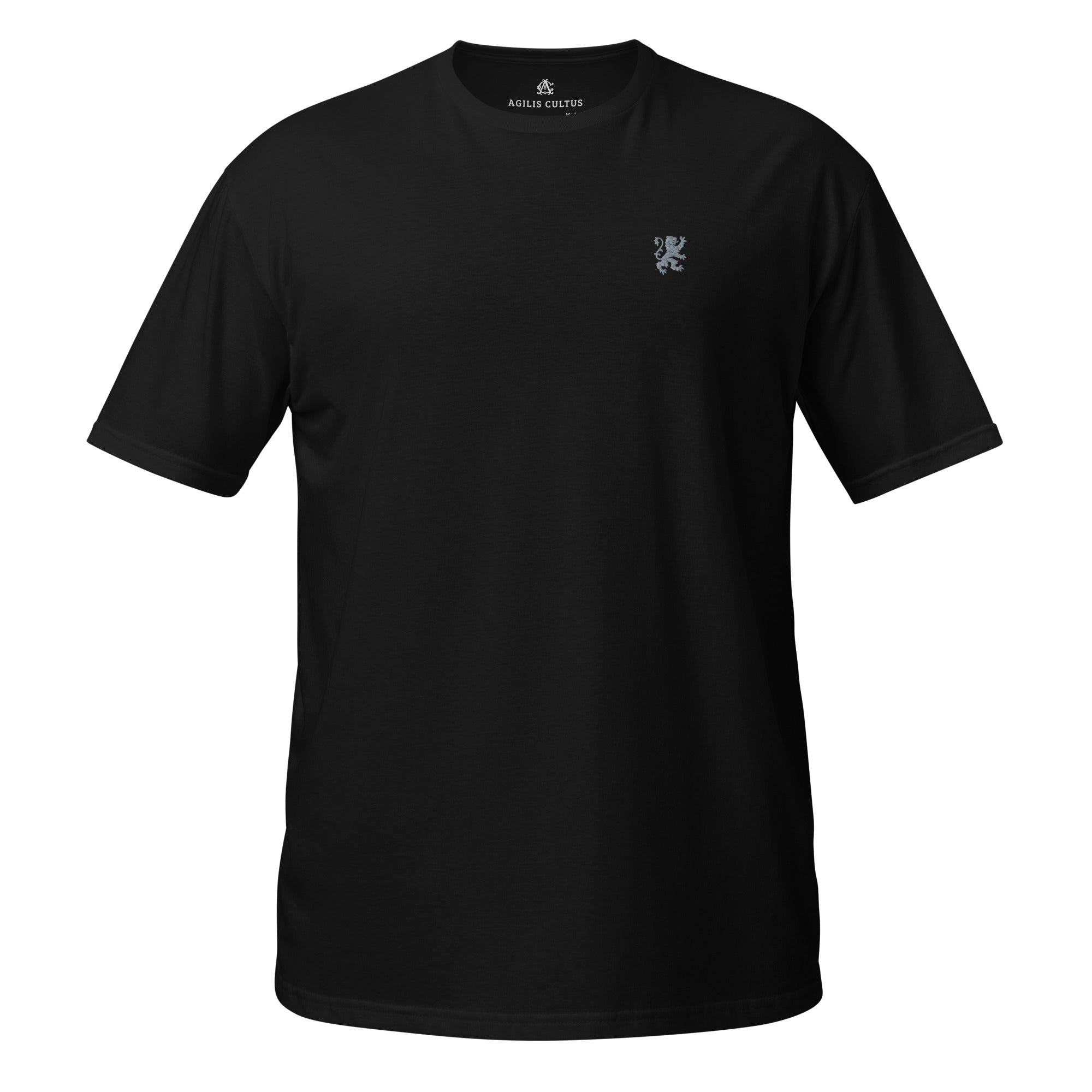 AC Essential Tee in black — front view, soft unisex fit with embroidered lion crest, by Agilis Cultus