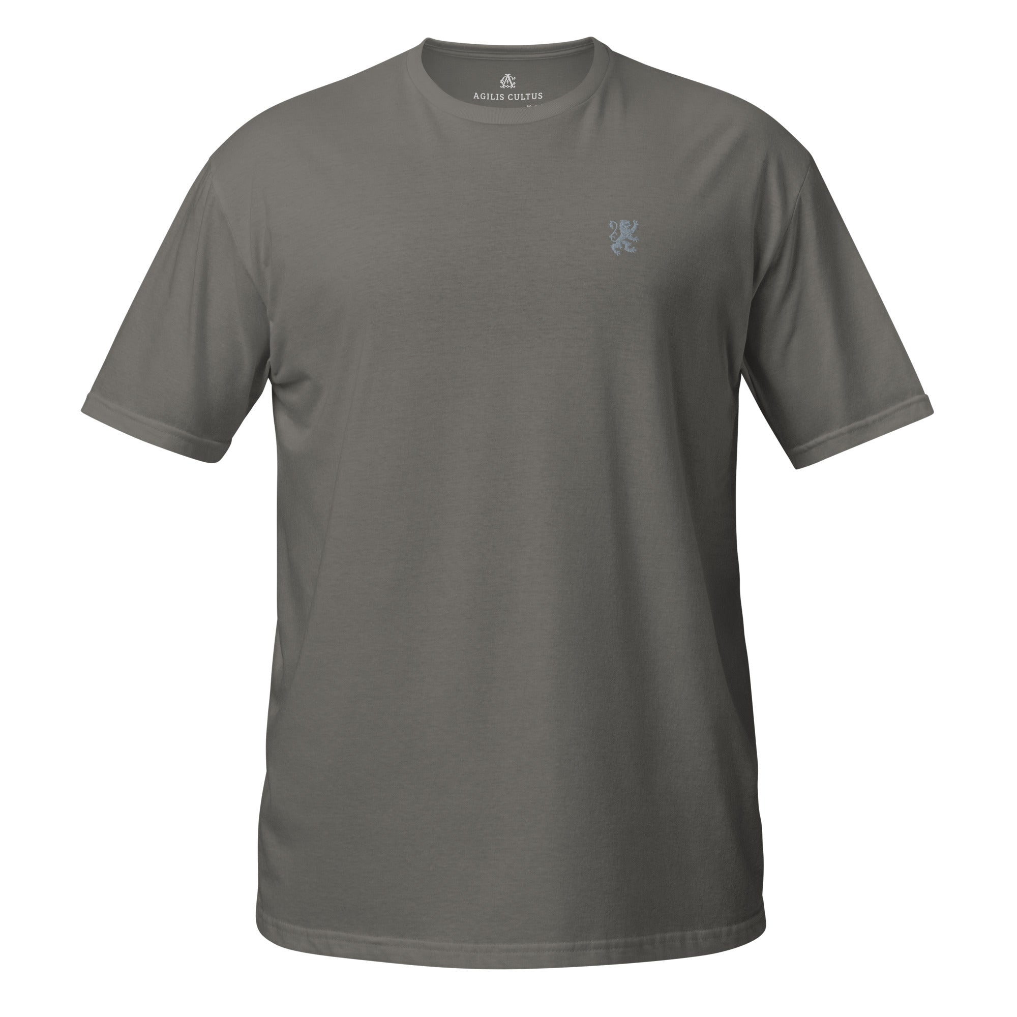 AC Essential Tee in charcoal — front view, soft unisex fit with embroidered lion crest, by Agilis Cultus