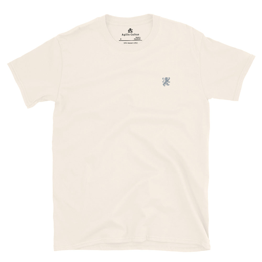 AC Essential Tee in natural — front view, soft unisex fit with embroidered lion crest, by Agilis Cultus
