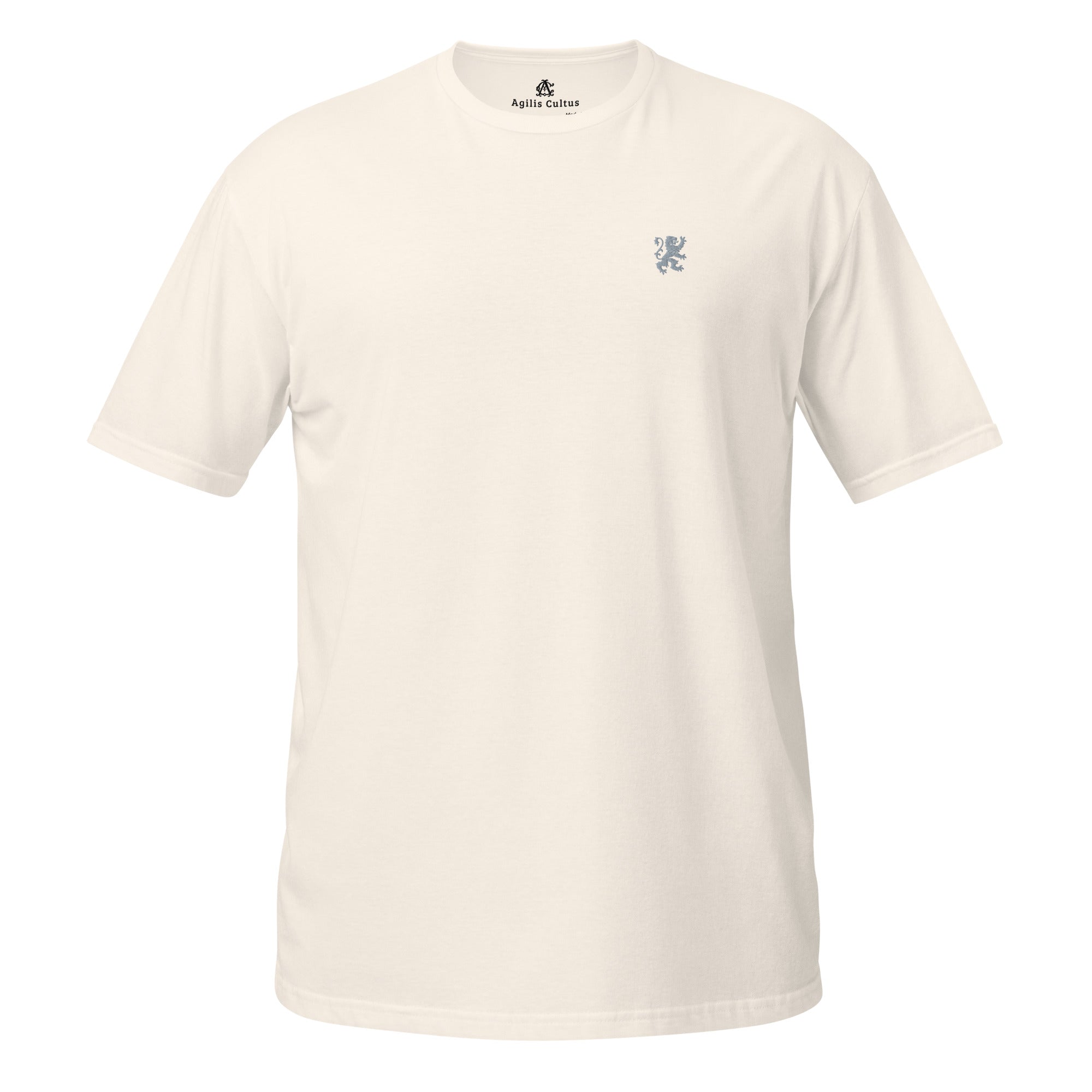 AC Essential Tee in natural — front view lifestyle shot, soft unisex fit with embroidered lion crest, by Agilis Cultus