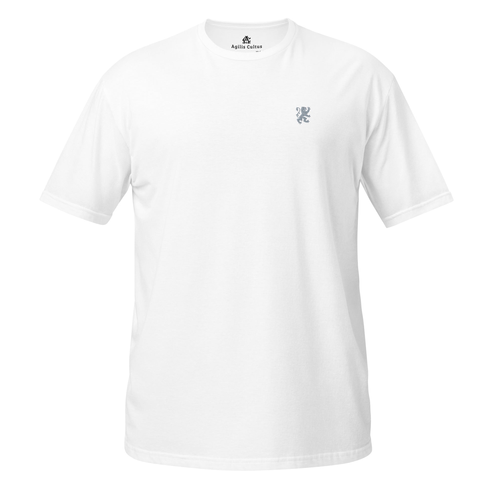 AC Essential Tee in white — front view, soft unisex fit with embroidered lion crest, by Agilis Cultus