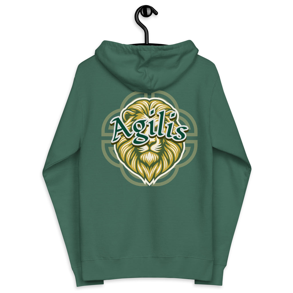 AC Agilis Cultus unisex fleece zip-up hoodie in alpine green, back view, relaxed fit, hooded design, soft brushed fleece fabric, minimalist black and white aesthetic