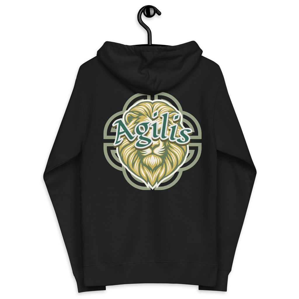 AC Agilis Cultus unisex fleece zip-up hoodie in black, back view, relaxed fit, hooded design, soft brushed fleece fabric, minimalist black and white aesthetic