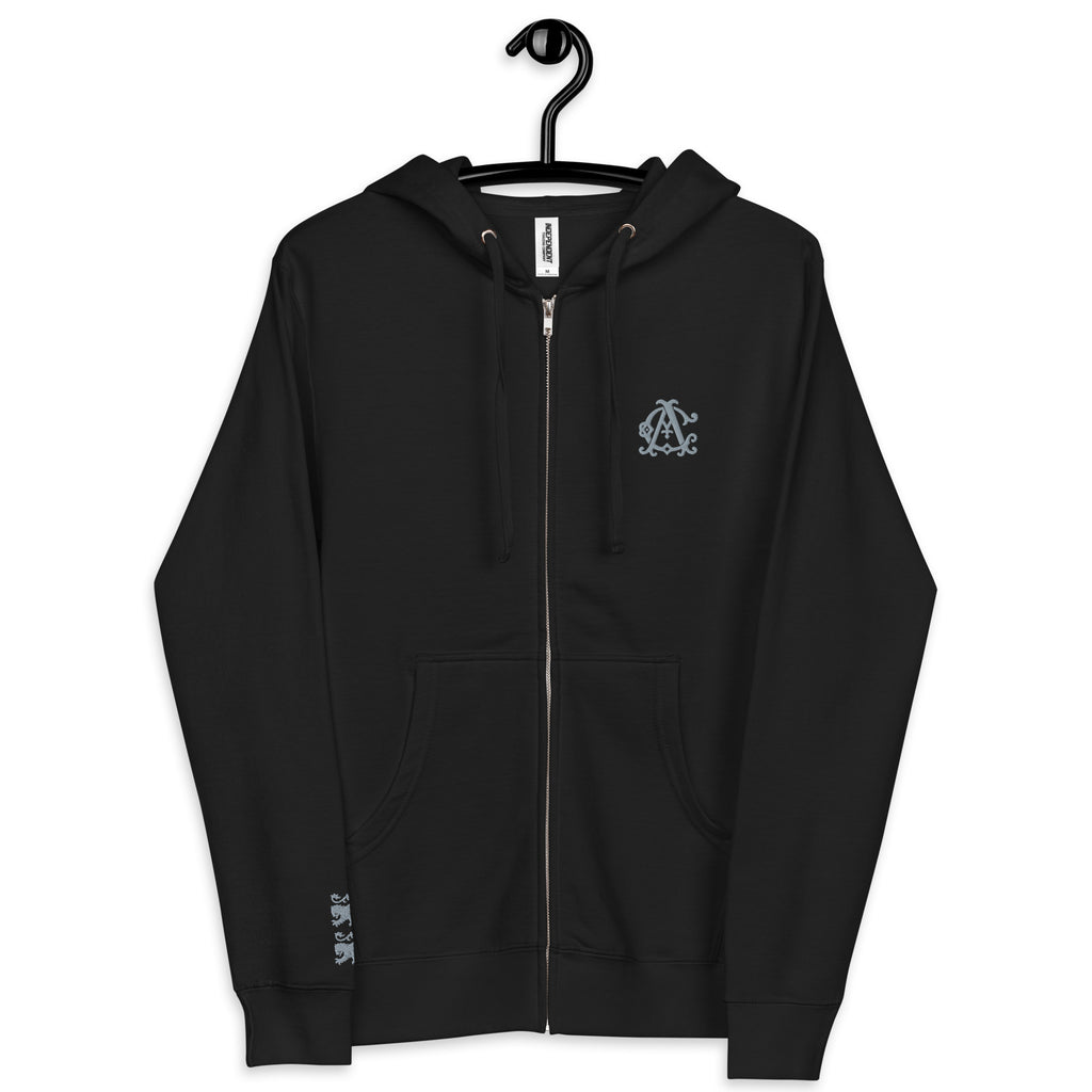 AC Agilis Cultus unisex fleece zip-up hoodie in black, front view, relaxed fit, full-zip closure with hood, soft brushed fleece fabric, minimalist black and white aesthetic