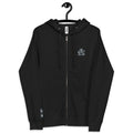 AC Agilis Cultus unisex fleece zip-up hoodie in black, front view, relaxed fit, full-zip closure with hood, soft brushed fleece fabric, minimalist black and white aesthetic