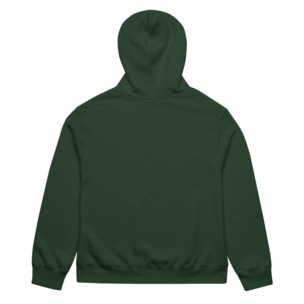 AC Heavyweight Oversized Hoodie in forest green — back view, oversized fit with dropped shoulders and embroidered heritage crest, by Agilis Cultus