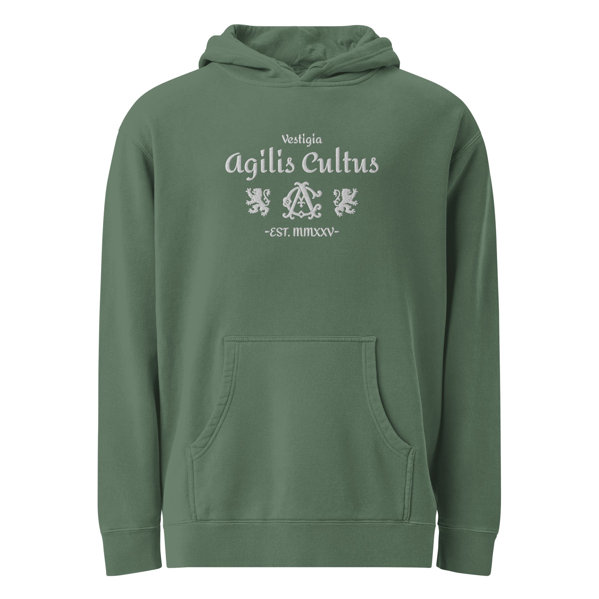 AC Agilis Cultus alpine green pigment dyed hoodie with large chest embroidery front view