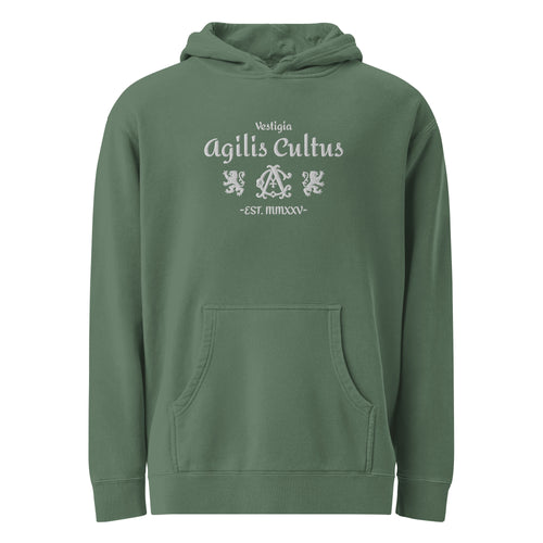 AC Agilis Cultus alpine green pigment dyed hoodie with large chest embroidery front view