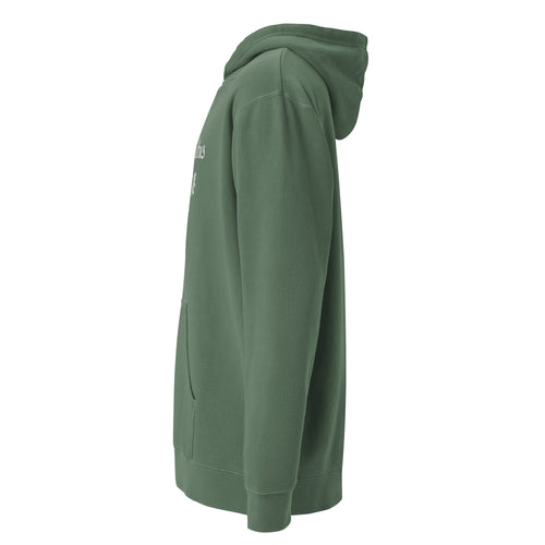 AC Agilis Cultus alpine green pigment dyed hoodie with large chest embroidery left side view