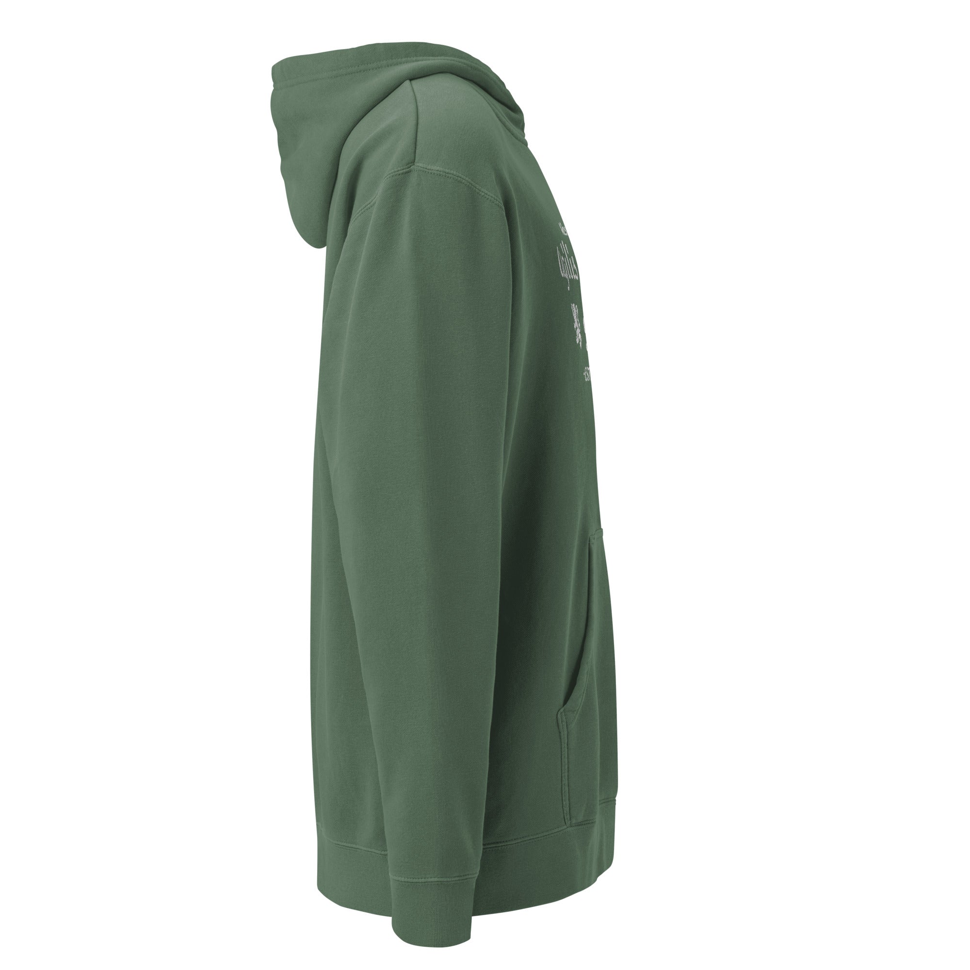 AC Agilis Cultus alpine green pigment dyed hoodie with large chest embroidery right side view