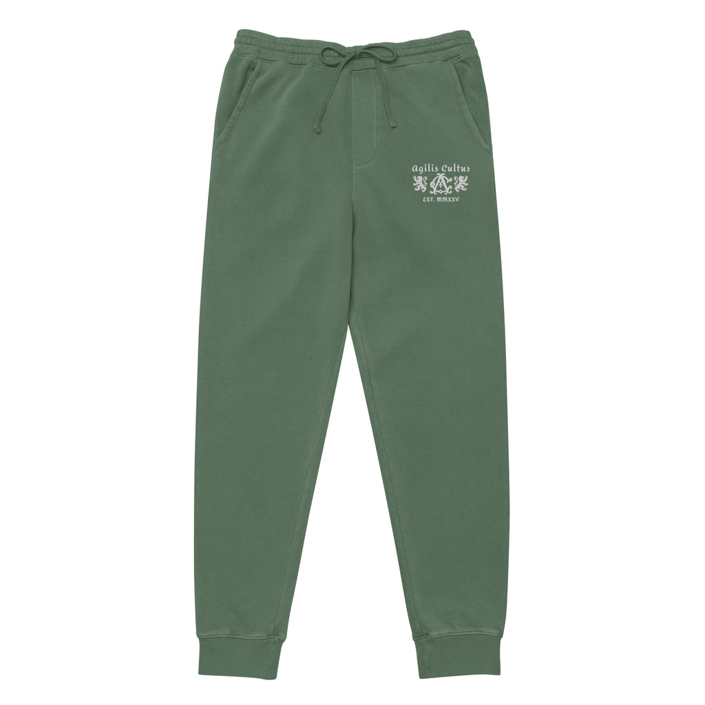 AC Agilis Cultus alpine green pigment dyed sweatpants with embroidered logo front view