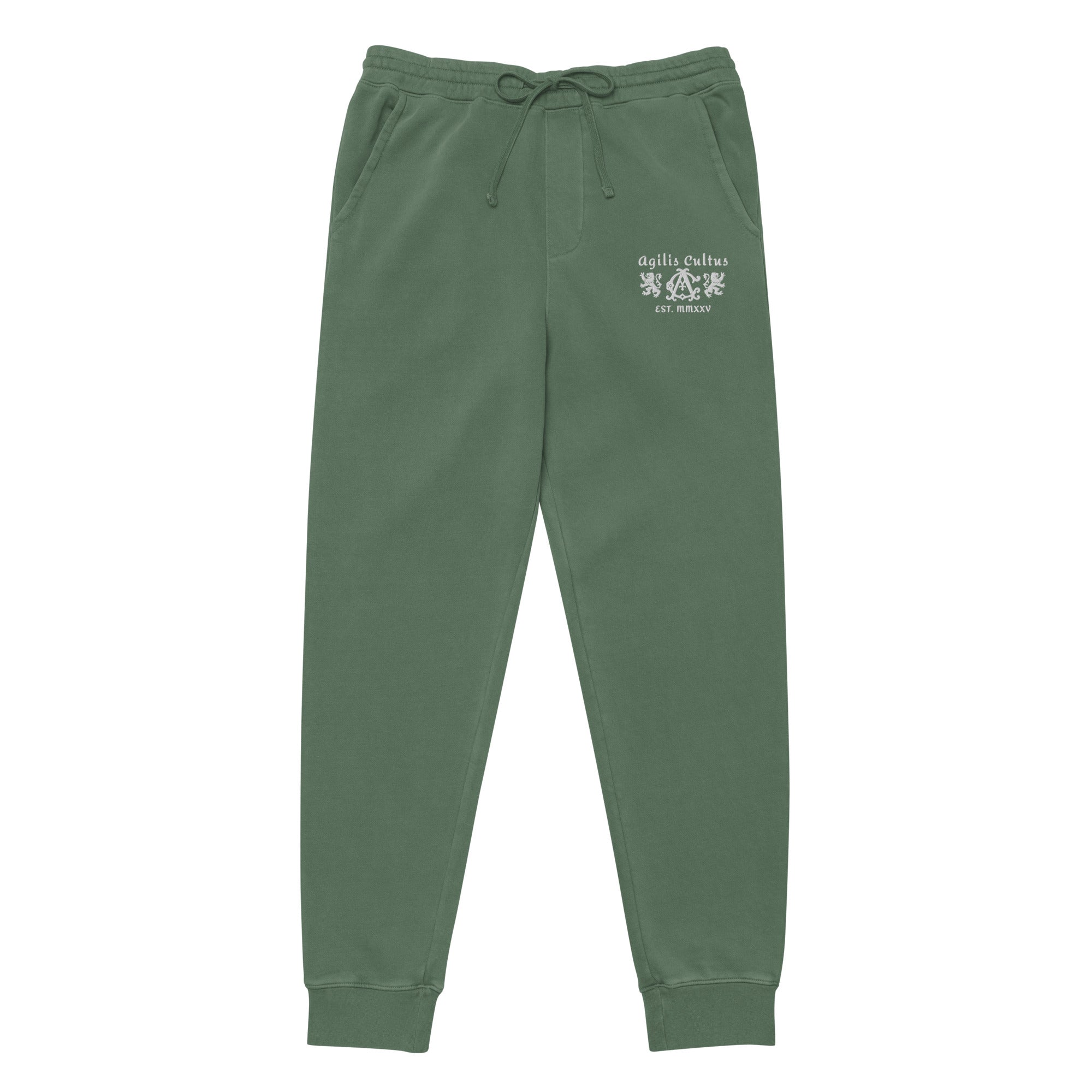 AC Agilis Cultus alpine green pigment dyed sweatpants with embroidered logo front view