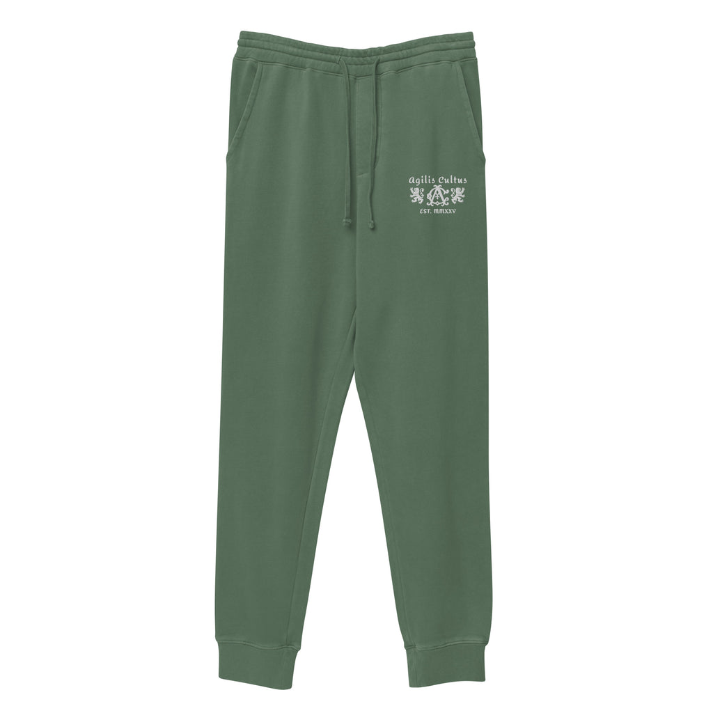 AC Agilis Cultus alpine green pigment dyed sweatpants with embroidered logo front view