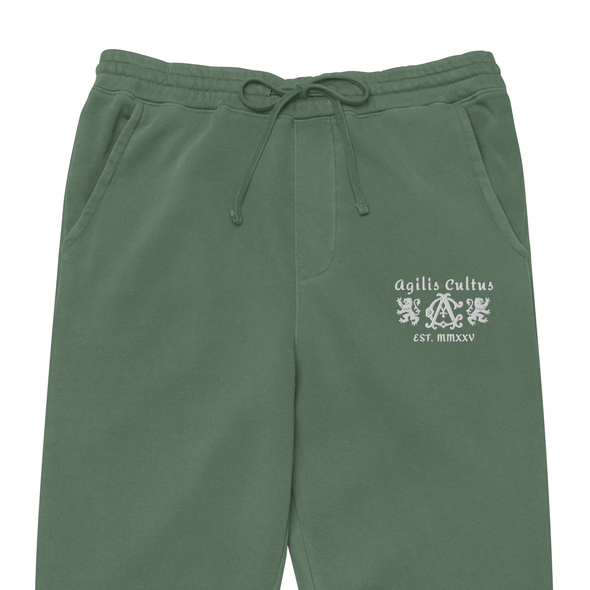 AC Agilis Cultus alpine green pigment dyed sweatpants close up texture and embroidered logo detail