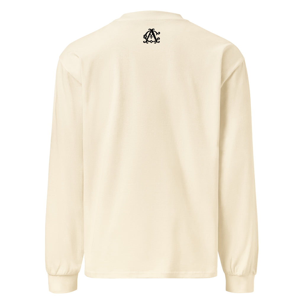 AC Agilis Cultus unisex heavyweight long sleeve shirt in ecru, back view, relaxed fit, structured cotton fabric, minimalist black and white aesthetic