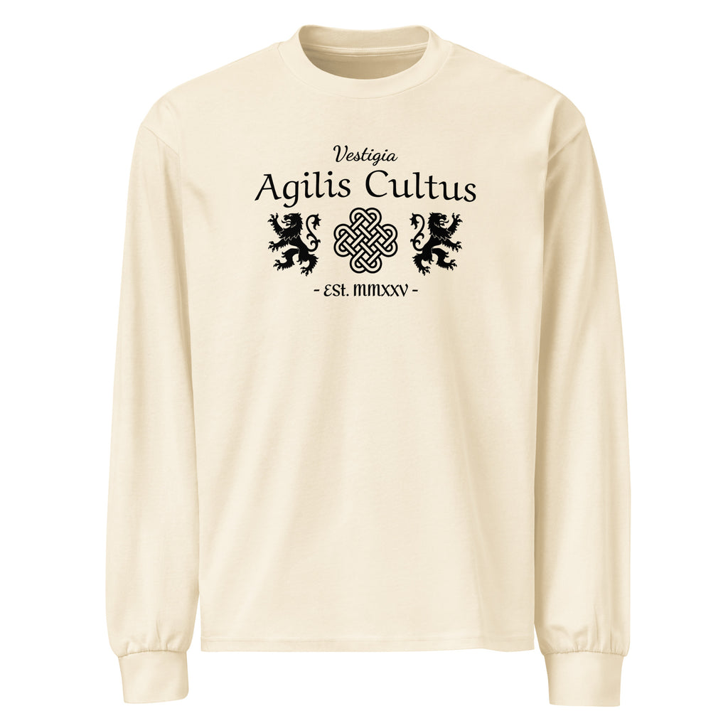 AC Agilis Cultus unisex heavyweight long sleeve shirt in ecru, clean front view, relaxed fit, structured cotton fabric, minimalist black and white aesthetic