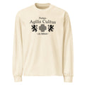 AC Agilis Cultus unisex heavyweight long sleeve shirt in ecru, clean front view, relaxed fit, structured cotton fabric, minimalist black and white aesthetic
