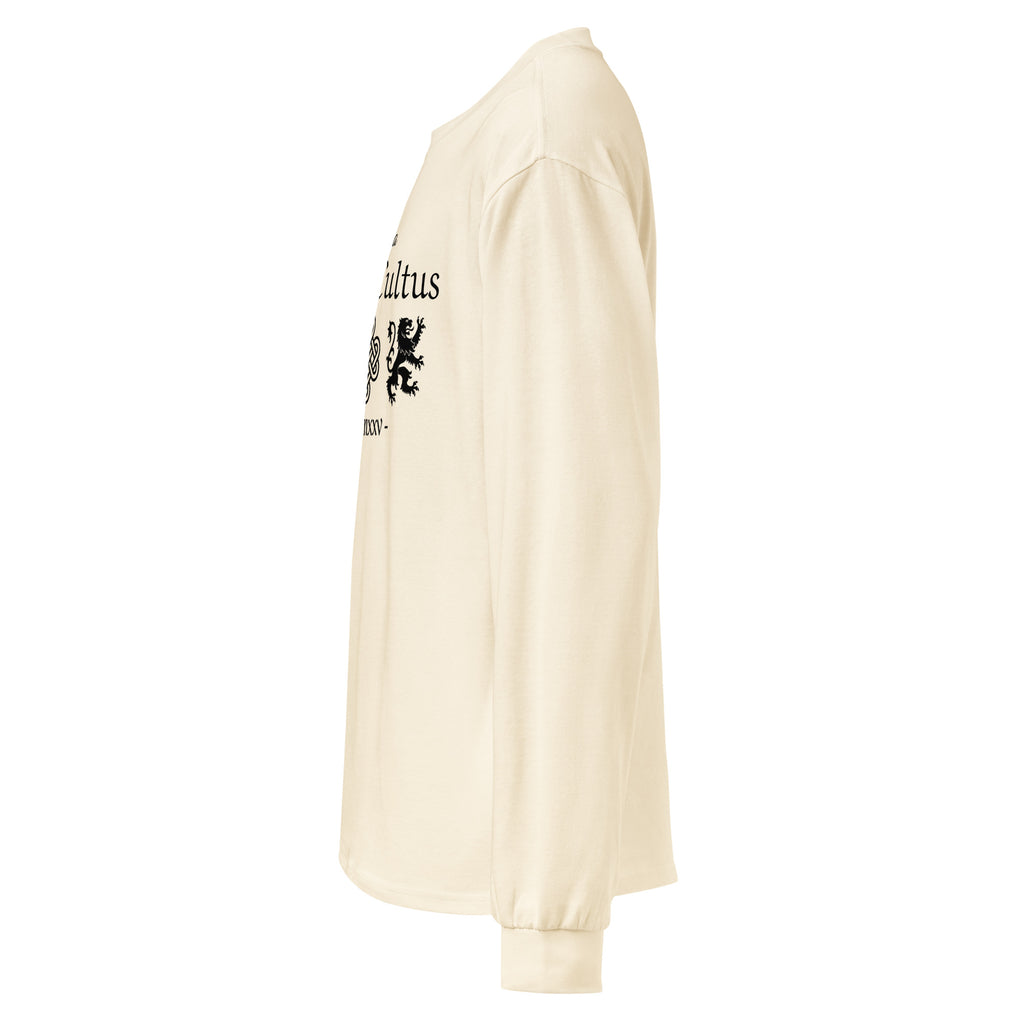 AC Agilis Cultus unisex heavyweight long sleeve shirt in ecru, left side view, relaxed fit, structured cotton fabric, minimalist black and white aesthetic