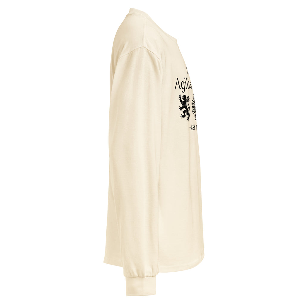 AC Agilis Cultus unisex heavyweight long sleeve shirt in ecru, right side view, relaxed fit, structured cotton fabric, minimalist black and white aesthetic